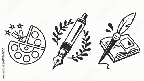 Vector art of illustration set showcasing creative professions painting with palette, writing with fountain pen and laurel wreath, literature with quill and open book