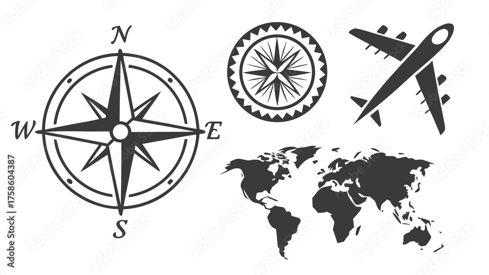 Obraz premium Vector art of set of travel icons featuring a compass, wind rose, airplane, and world map, representing exploration, navigation, and adventure for design and creative projects
