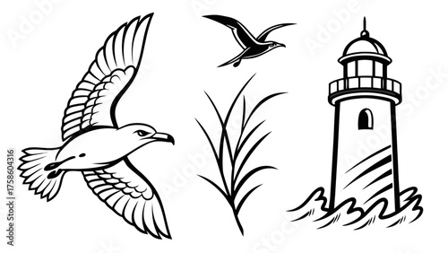 Vector art of a captivating monochrome illustration showcases a lighthouse standing tall amidst crashing waves, accompanied by graceful seagulls soaring through the sky and delicate reeds