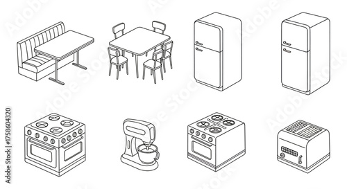 isometric kitchen appliances illustrating home design including stoves fridges and mixers perfect for interior design mockups and kitchen layouts.