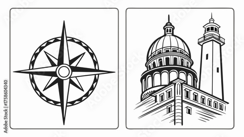 Vector art of a striking monochrome illustration features a compass rose, symbolizing direction and exploration, alongside a grand lighthouse building, representing guidance and safety