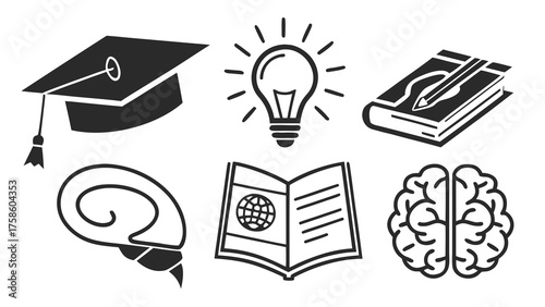 Vector art of illustration set of education and science icons graduation cap, light bulb, book, brain, shell, open book with globe back to school concept