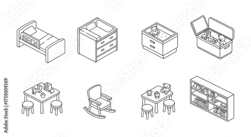 nursery furniture including a bed changing table toy box and rocking chair creating a cozy space for children ideal for interior design mockups
