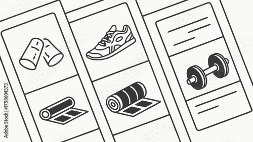 Vector art of illustration set of fitness and gym icons bandage, sneaker, dumbbell, yoga mat healthy lifestyle and sport concept exercise equipment
