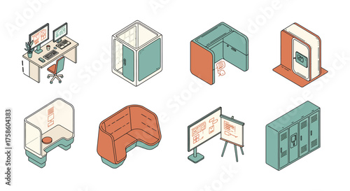 modern office design showcasing workstations meeting pods and lockers in isometric view suitable for illustrating workplace trends and collaborative spaces.