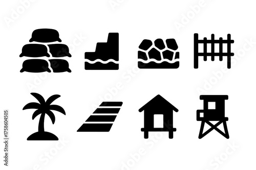 Beach Protection Icons. Beach protection. Filled icon set of Beach protection: sandbags, seawall, breakwater,