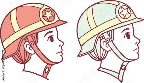 Firefighter Helmet Profile Illustrations Red and Green Side View Design