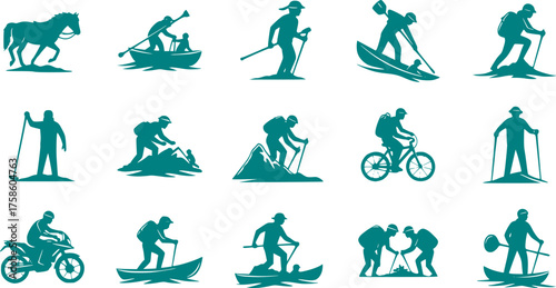 Outdoor Adventure Recreation Silhouette Set - Hiking, Camping, Cycling Black Vector Icons for Active Lifestyle & Nature