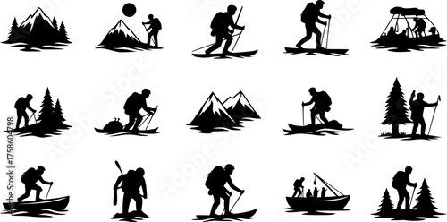 Outdoor Adventure Recreation Silhouette Set - Hiking, Camping, Cycling Black Vector Icons for Active Lifestyle & Nature
