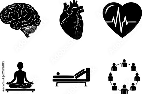 Mental Health & Wellness Icons Silhouette - Therapy, Brain, Meditation Black Vector Set for Psychological Support