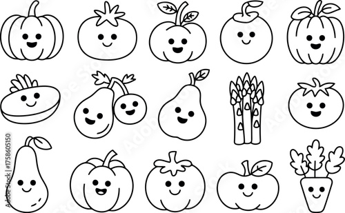 This charming black and white image features a delightful assortment of cartoon fruits and vegetables, each depicted with a simple, happy face.