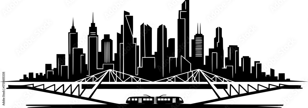 Obraz premium Modern Geometric City Skyline Silhouette - Urban Landscape & Skyscraper Black Vector for Architecture & Travel Design