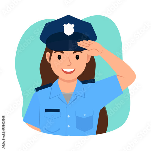 Flat Design Female Police Officer Saluting in Blue Uniform