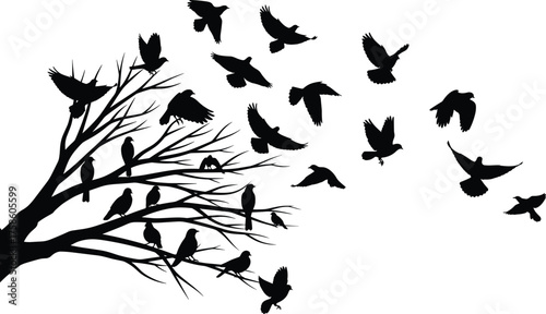 Silhouette tree with birds flying, nature freedom concept, black white contrast, wildlife motion, peaceful landscape, minimalist art, migration scene