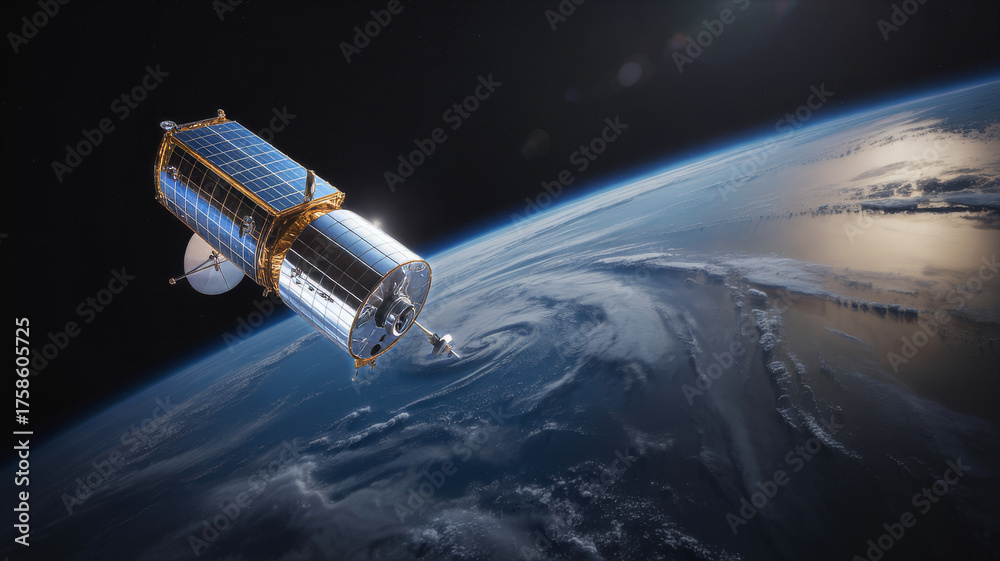 Fototapeta premium Satellite orbiting earth, observing weather patterns from space satellite