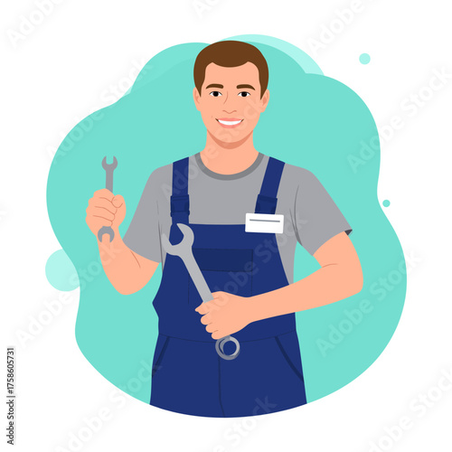 Smiling Male Mechanic Holding Wrenches in Flat Vector Illustration