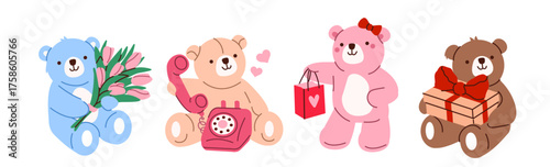 Valentines of Mother day stickers set. Whimsical teddy bears showing their love and holding romantic present box, flowers bouquet. Romance elements collection. Modern cartoon vector illustration.