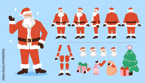 Santa Claus in red costume. Holiday character constructor for animation. Front, side and back view set. Body parts, postures, poses collection. Vector illustration.