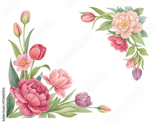 Wallpaper Mural Watercolor Floral Corners with Peonies and Tulips isolated on white background Torontodigital.ca