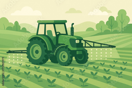 Green tractor spraying crops in stylized sustainable farm field
