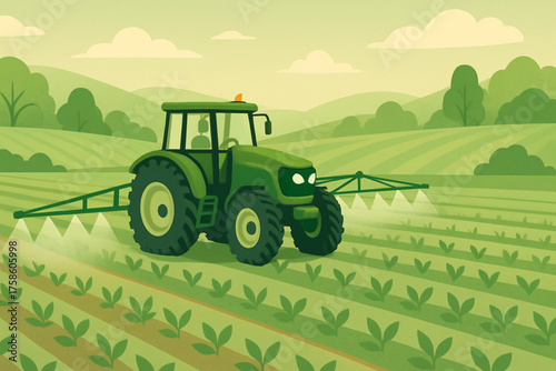 Green tractor spraying crops in stylized sustainable farm field