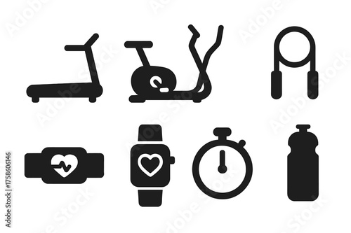 Cardio Icon Set. Cardio Equipment. Filled icon set of Cardio Equipment: treadmill, stationary bike, elliptical