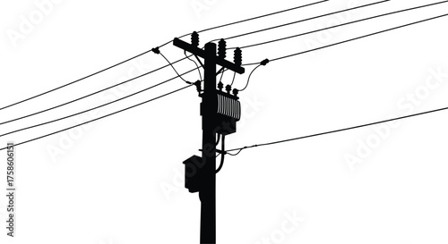 Silhouette vector illustration of electric power pole with transformer and multiple overhead wires, industrial energy transmission structure for urban electricity supply infrastructure concept