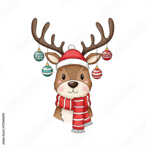 Cartoon reindeer wearing a red and white Santa hat and scarf, with Christmas ornaments hanging from its antlers.