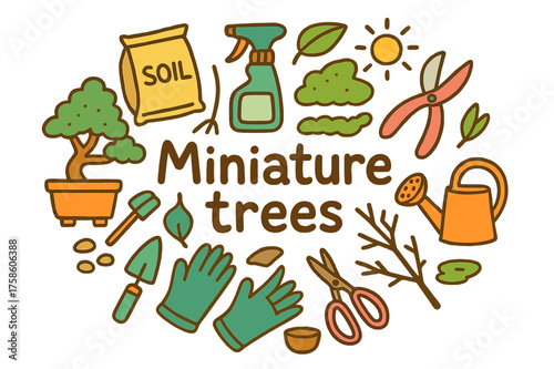Miniature Tree Doodles. Miniature trees. Hand-drawn doodle illustration of Miniature trees. Potted bonsai,