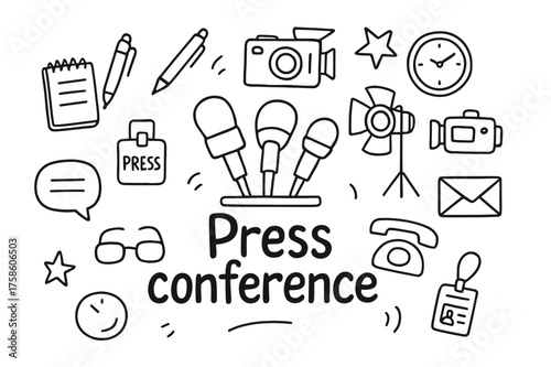 Doodle Press Conference. Press conference. Hand-drawn doodle illustration of Press conference. In the middle,
