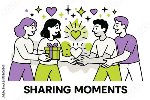 Community Gift Exchange. Community support. Characters exchanging glowing gifts and support items, abstract