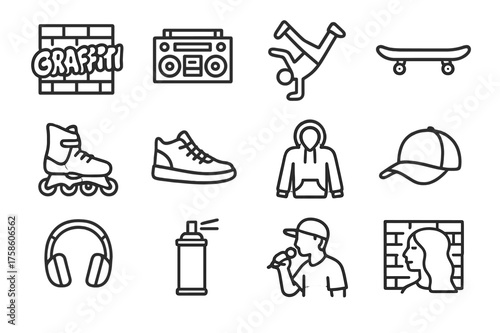 Street Culture Icons. Street culture. Line outline icon set of Street culture: graffiti wall, boombox,