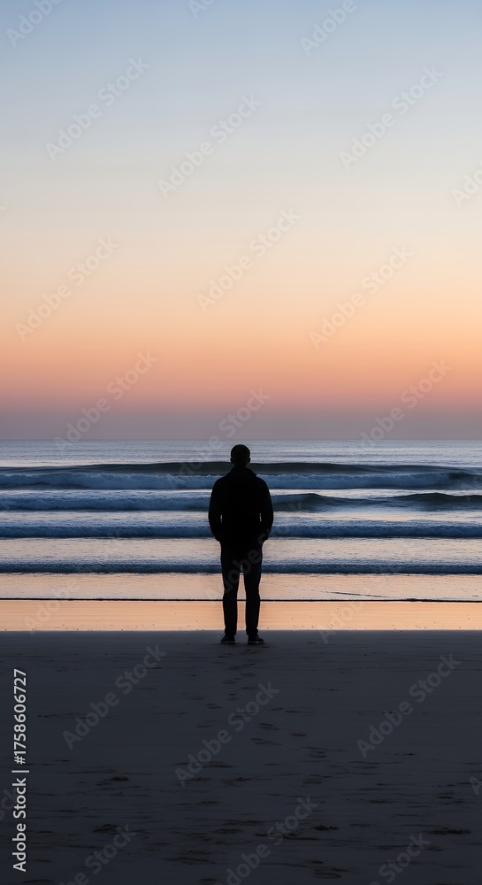 Fototapeta premium Silhouette of a person on a quiet beach, contemplating life while gazing at the tranquil ocean horizon during a beautiful twilight glow