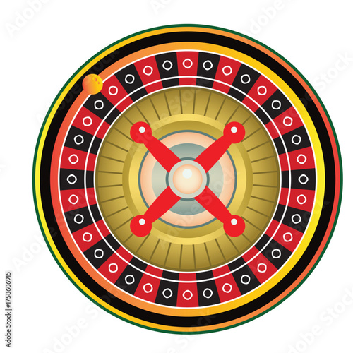  casino roulette wheel with wood desk on white background