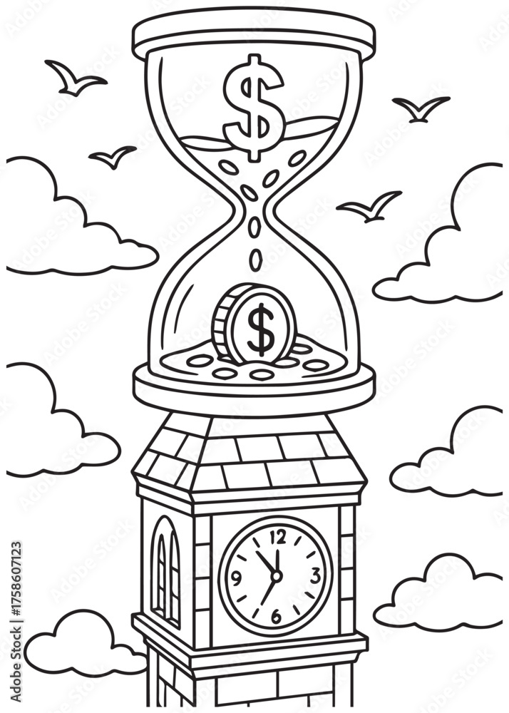 Naklejka premium coloring book hourglass with dollar sign on clock tower, symbol of money and time management