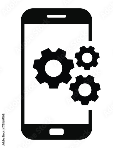 Mobile settings and system icon featuring three cogwheels (gears) partially displayed on or next to a simple smartphone outline. Represents app development, optimization, device configuration, technic