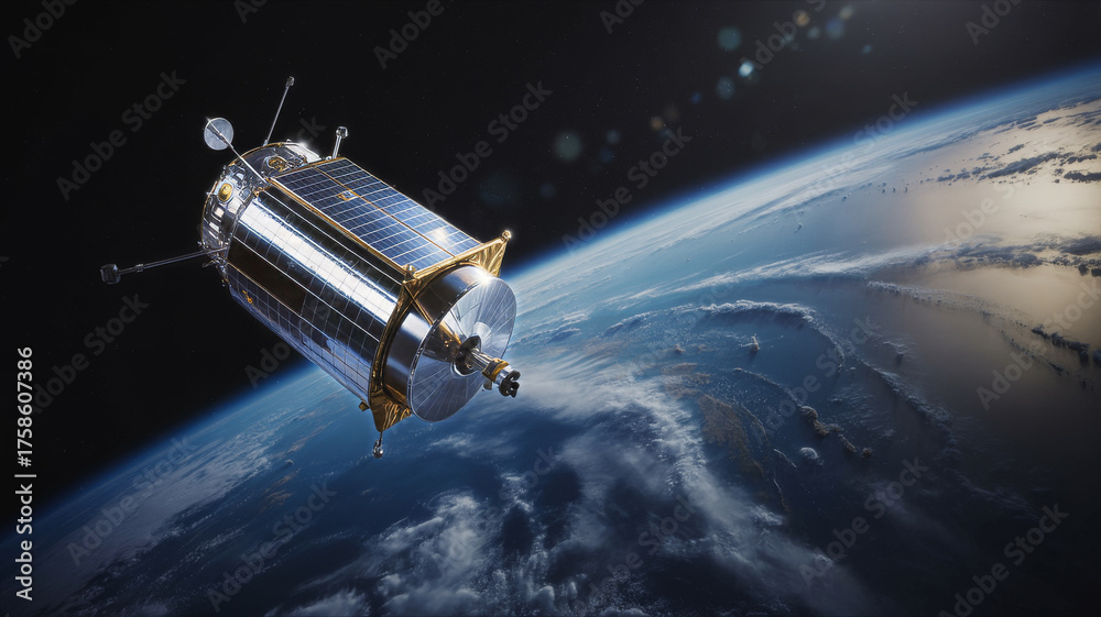 Obraz premium Satellite orbiting earth with solar panels satellite