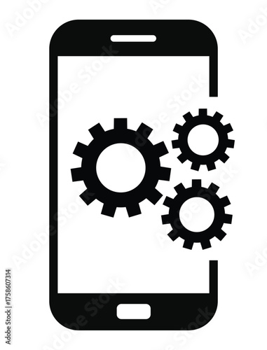 Mobile settings and system icon featuring three cogwheels (gears) partially displayed on or next to a simple smartphone outline. Represents app development, optimization, device configuration, technic