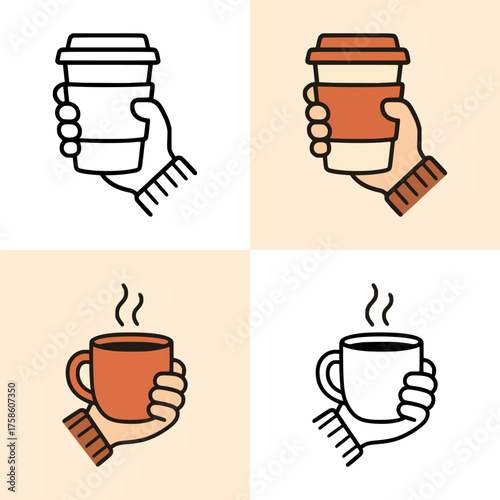 Vector illustration of hand holding coffee cup and takeaway mug in flat minimal style with warm neutral tones