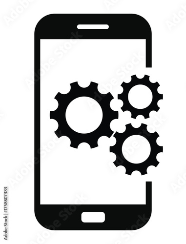 Mobile settings and system icon featuring three cogwheels (gears) partially displayed on or next to a simple smartphone outline. Represents app development, optimization, device configuration, technic