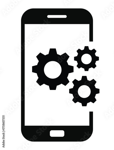 Mobile settings and system icon featuring three cogwheels (gears) partially displayed on or next to a simple smartphone outline. Represents app development, optimization, device configuration, technic
