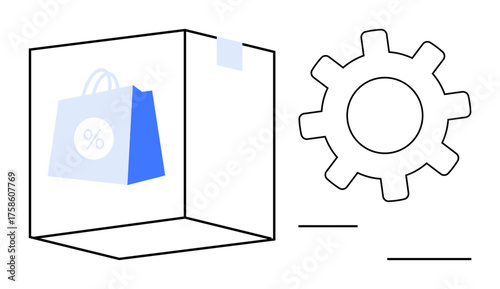 Box with shopping bag and discount symbol next to a gear, representing online shopping, logistics, automated processes, and commerce systems. Ideal for retail, automation, technology, e-commerce