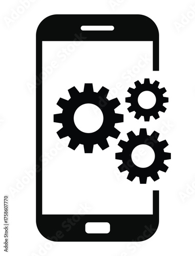 Mobile settings and system icon featuring three cogwheels (gears) partially displayed on or next to a simple smartphone outline. Represents app development, optimization, device configuration, technic