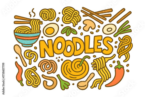 Colorful Noodle Doodle. Noodles. Hand-drawn doodle illustration of Noodles. Ramen bowl, chopsticks, udon, soba