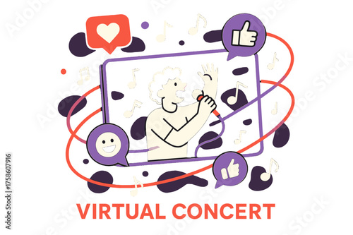 Virtual Symphony Stream. Music and social media. Abstract glowing concert livestream with orbiting audience