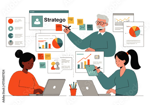 Illustration of a diverse team collaborating on a Stratego project, analyzing charts and data on laptops with a senior mentor guiding them.