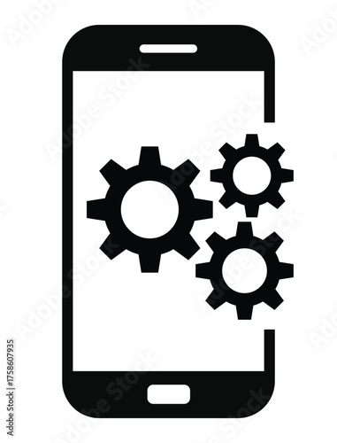 Mobile settings and system icon featuring three cogwheels (gears) partially displayed on or next to a simple smartphone outline. Represents app development, optimization, device configuration, technic