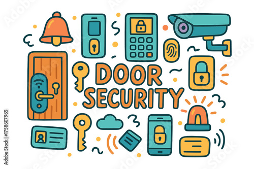 Door Security Doodle. Door Security. Hand-drawn doodle illustration of Door Security. smart lock, door, key,