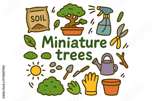 Miniature Trees Delight. Miniature trees. Hand-drawn doodle illustration of Miniature trees. Potted bonsai,