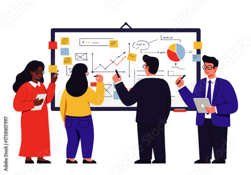 Four diverse business professionals collaborate on a whiteboard presentation, analyzing charts, graphs, and sticky notes in a meeting.